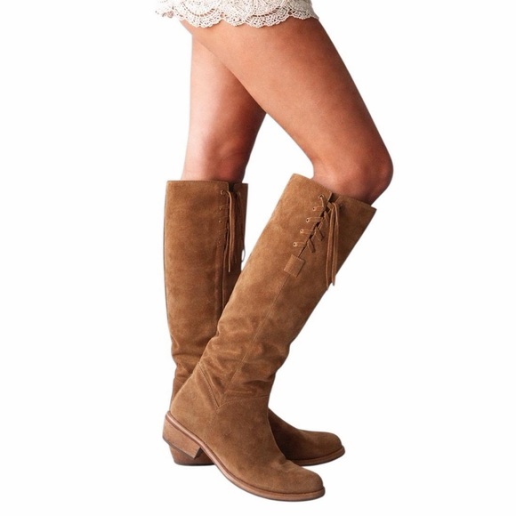 Bronx Shoes - Bx by Bronx Knee High Laceup Suede Tan Camel Pull On Boot Boho Festival Sz 36